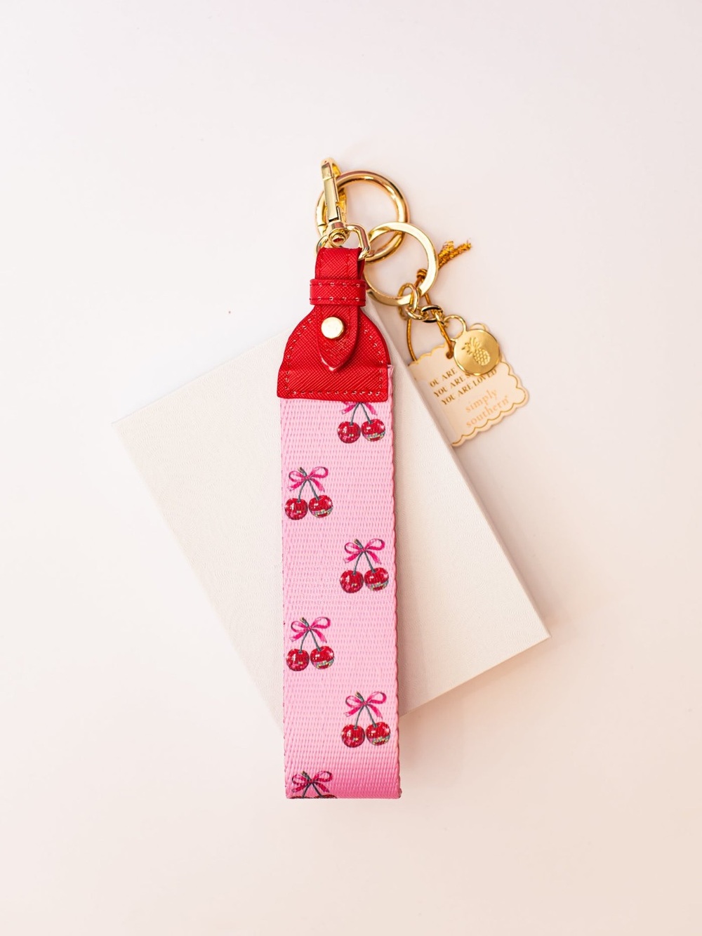 Simply Southern Cherry Bows Keyfob Wristlet Keychain NEW Pink Preppy Cherries